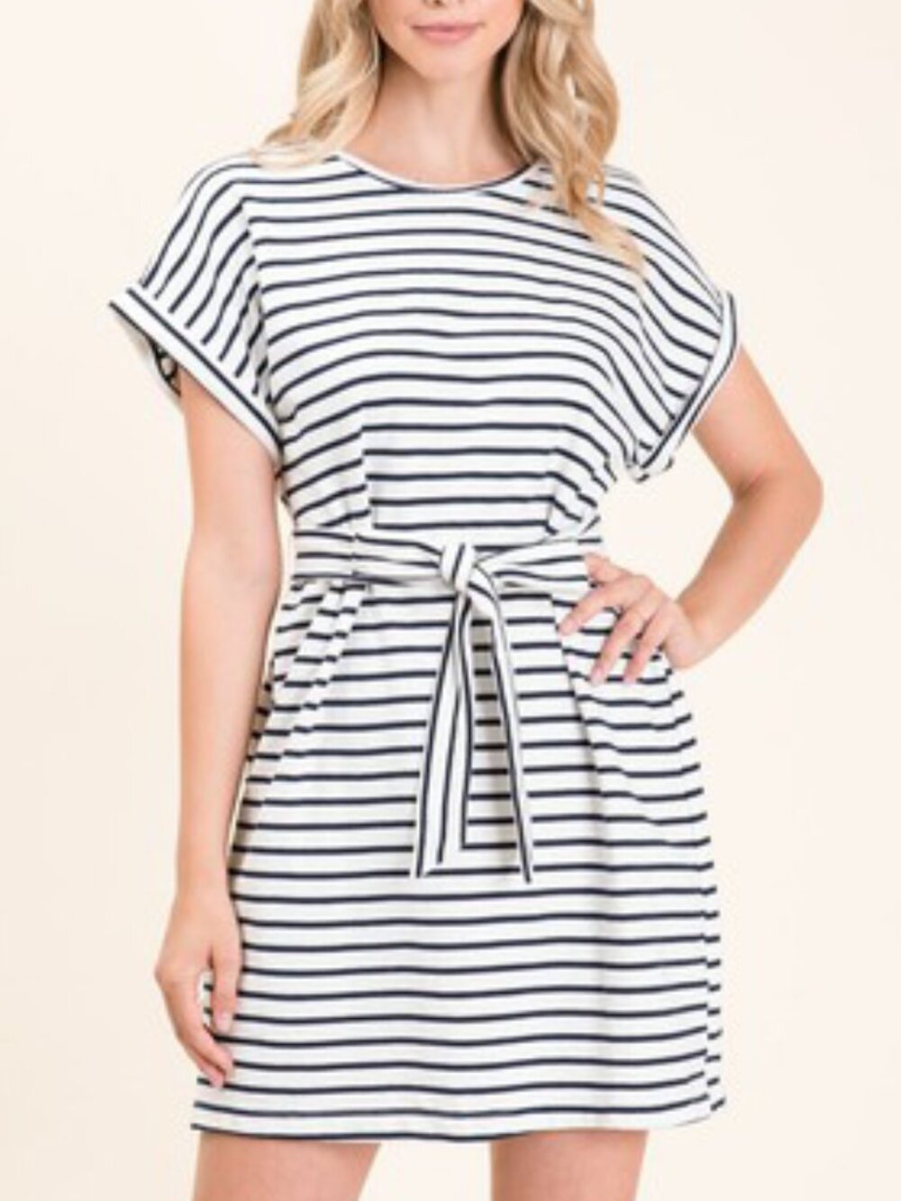 Short sleeve  navy and white stripped knit dress with tie